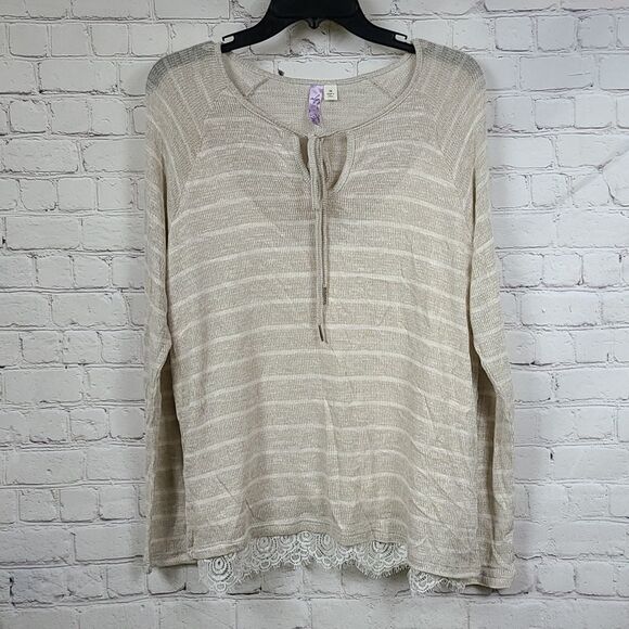 Alya Abby Hacci Lace Combo Stripe Top Beige Lightweight Sweater Tie Super Soft - Picture 9 of 9
